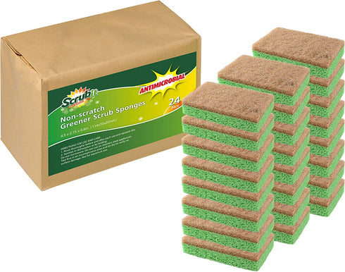 Natural Plant-Based Scrub Sponge by Scrub-it, Non-Scratch, Biodegradable scrubbing sponges with a Tough Anti-Bacterial scouring pad for Kitchen and Bathroom 24 Pack