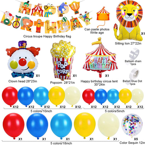 Golray 138Pcs Carnival Circus Balloon Garland Arch Kit for Kids Carnival Circus Theme Birthday Party Decorations Supplies, Carnival Decor with Happy Birthday Banner Circus Tent Lion Clown Head Popcorn
