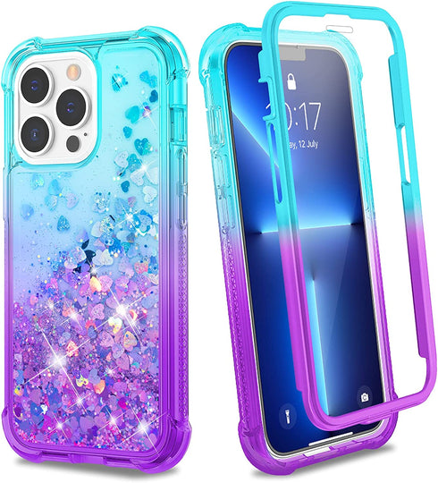 Ruky Case Compatible with iPhone 13 Pro Max, Full Body Glitter Liquid Cover with Built-in Screen Protector Soft TPU Shockproof Protective Girls Women Phone Case for iPhone 13 Pro Max, Teal Purple
