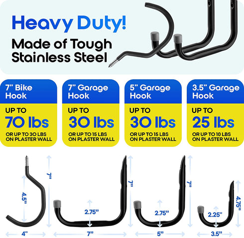 12 pack Heavy-Duty Storage Hooks - Combo Set of 6 Extra-Wide Bike Hooks + 6 Garage Utility Hooks in 3 Sizes - Organize Bikes, Ladders & Tools, for Ceiling & Wall Mounts + Screws & Anchors By Inovastik
