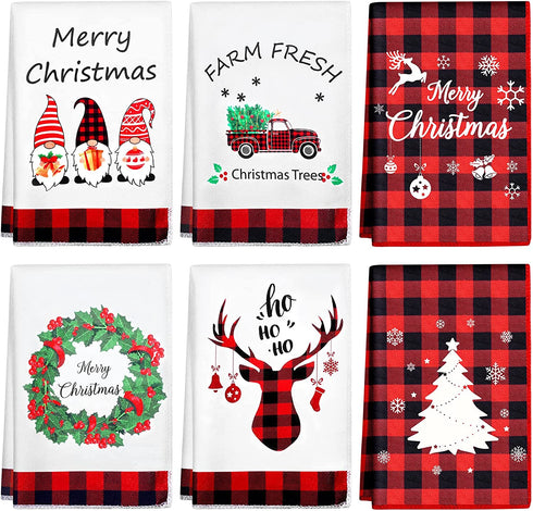 6 Pieces Cotton Christmas Kitchen Towels Buffalo Plaid Christmas Kitchen Towels and Dish Towels Christmas Kitchen Decor Hand Towels for Decorations , Favors Cooking and Baking ,16 x 24 Inch