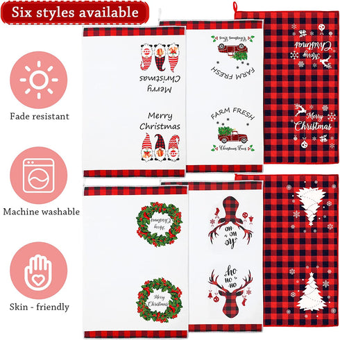 6 Pieces Cotton Christmas Kitchen Towels Buffalo Plaid Christmas Kitchen Towels and Dish Towels Christmas Kitchen Decor Hand Towels for Decorations , Favors Cooking and Baking ,16 x 24 Inch