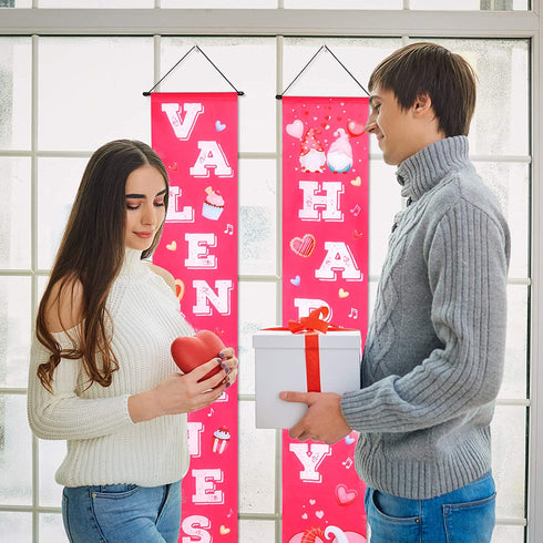 Boao 2 Pieces Valentine's Day Banners Valentine Door Porch Signs Hanging Heart Streamers Pink Valentine's Day Wall Decoration Party Supplies for Valentine's Day Indoor Outdoor Use