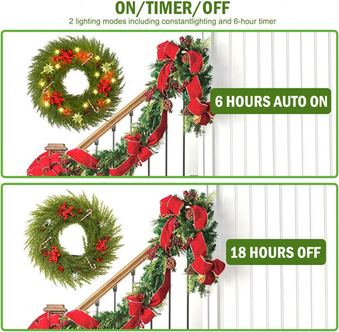 YoleShy Pre-lit Christmas Wreath for Front Door with Hanger 18" Battery Operated Christmas Wreath with Lights Red Berry Pine Cone Candy Cane, Christmas Decorations for Window, Wall Decor, Fireplace