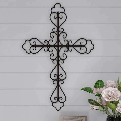 Lavish Home Handmade Short Flat White Mango Wood Vase Metal Cross Fleur De Lis Design-Rustic Handcrafted Religious Wall Art for Decor in Living Room, Bedroom, 15.5" x .7" x 23.3?, Black