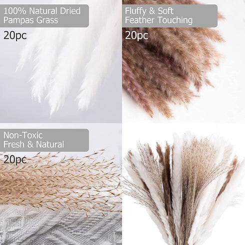 60pcs Natural Dried Pampas Grass,20 Pcs White Pampas & 20 Pcs Brown Pampas & 20 Pcs Reed Grass Boho Decor Wedding Decorations Flower Arrangements Home Decor