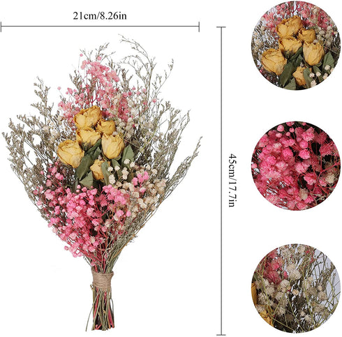 XYXCMOR Natural Dried Flowers Bouquet Dried Eucalyptus Leaves Real Yellow Rose Babys Breath Dried Flowers for Home Table Vase Wedding Floral Arrangements Garden Boho Decor