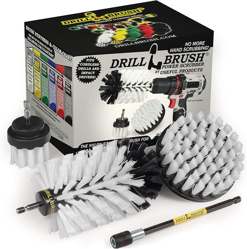 Drill Brush Power Scrubber by Useful Products Drillbrush Soft White Automotive Cleaning kit with Extended Reach Attachment Drill Bit Extension Carpet Cleaner Solution Car Interior Brush Set