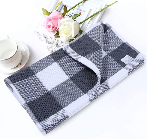 Homaxy 100% Cotton Waffle Weave Check Plaid Kitchen Towels, 13 x 28 Inches, Super Soft and Absorbent Dish Towels for Drying Dishes, 4-Pack, White & Dark Grey