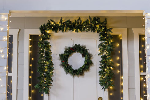 Joiedomi 9ft Christmas Garland Prelit with 100 LED Warm White String Lights, Battery Powered Holiday Decor for Winter Christmas