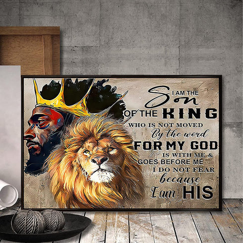 Africa America Wall Art Black King and Lion Wall Art I Am The Son Of The King Poster Black King Canvas Poster African King Man and Lion Poster for Bedroom Office Wall Decorations 24x16inch No Frame