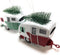 Kurt Adler Red and Green Campers Hauling Trees Tin Christmas Holiday Ornaments Set of 2