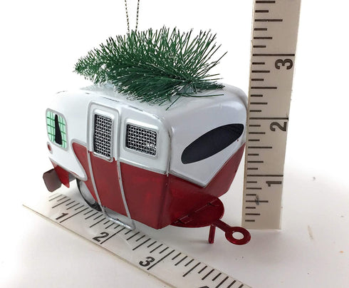 Kurt Adler Red and Green Campers Hauling Trees Tin Christmas Holiday Ornaments Set of 2