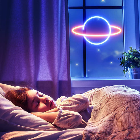 Koicaxy Planet Neon Sign, Acrylic Neon Light for Wall Decor, Battery or USB Powered Light Up Neon Sign for Bedroom, Kids Room, Living Room, Bar, Party, Christmas, Wedding