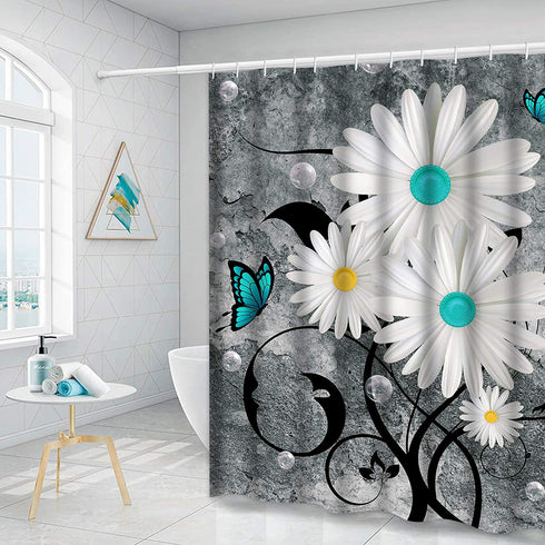 Ikfashoni Floral Butterfly Shower Curtain White Daisy Shower Curtain for Bathroom Farmhouse Rustic Bathroom Curtain with 12 Hooks, Fabric Flower Bathroom Shower Curtains, 69" x 70" Grey