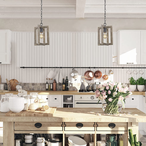 LALUZ Farmhouse Wood Pendant Lighting for Kitchen Island, Small Square Pendant Light Fixture for Bedroom, Kitchen Sink, Entryway, Dining Room, Foyer