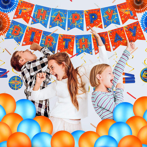 30 Pieces Dart War Happy Birthday Banner Decoration Dart Gun Party Paper Fans Honeycomb Centerpieces party Supplies 3D Dart War Table Decorations Hanging Swirls Latex Balloons for Birthday Party