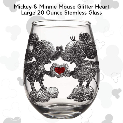 Silver Buffalo Disney Mickey and Minnie Classic Heart Glitter Stemless Glass, 20-Ounce