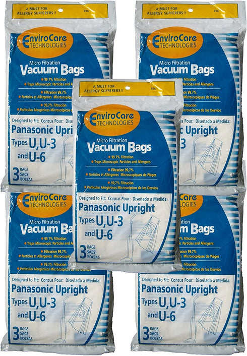 15 Panasonic U, U-3 & U-6 Upright Vacuum Cleaner Bags, MC-V145M, MC-115P, MC-V5000 thru MC-V5099, MC-V7300 thru MC-V7399, MC-V6200 thru MC-V6299