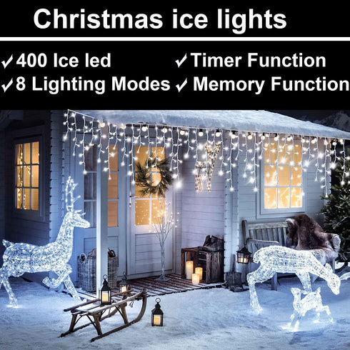 LJX Christmas Lights Outdoor Decorations Icicle Lights 32.8Ft 400LED 8 Modes Connectable Christmas String Lights for Holiday Christmas Wedding Party House Garden Bedroom Indoor Decoration Cold White
