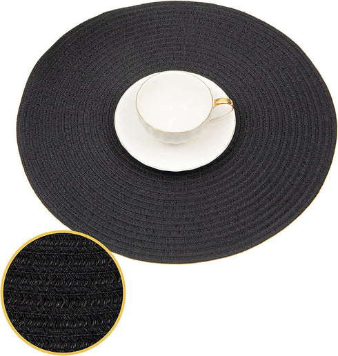 SHACOS Round Braided Placemats Set of 6 Washable Cotton Polyester Woven Round Table Mats 15 inch Heat Resistant (Black, 6)