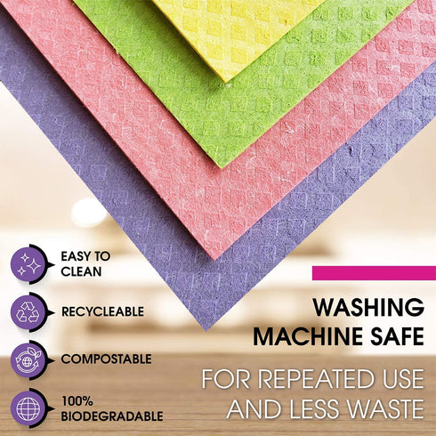 Pink Rhino Labs Swedish Dish Cloths - Reusable, Absorbent Cleaning Cloths for Home, Kitchen and Auto - Eco-friendly - Made in EU & Packaged in USA - Assorted