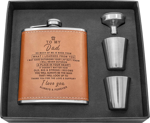 Personalized Flask Set - Engraved Custom Hip Flasks For Dad - Stainless Steel with Leather Flask For Men, Father Day's Valentine's Christmas Gift (Brown-For Dad)