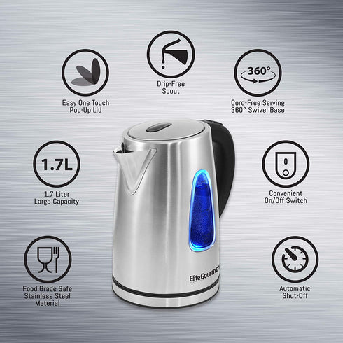 Elite Gourmet EKT-1271 Ultimate 1.7 Liter Electric Kettle Stainless Steel Design & Cordless 360° Base, Stylish Blue LED Interior, Handy Auto Shut-Off Function Quickly Boil Water For Tea & More