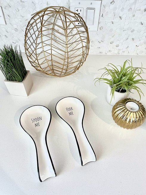 OAKOA 2 Pack Ceramic Spoon Rest for Stove Top - Cute Spoon Rests for Kitchen Counter - Fork Me Spoon Me - Cooking Spoon Holder - Utensil Rest - Ladle Holder - Spatula Rest - Farmhouse White Funny