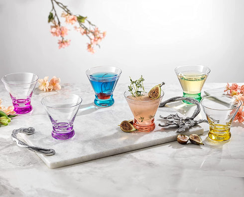 JoyJolt HUE Martini Glasses (7oz) Cocktail Glassware Set of 6, Colored Glass Base. Drinking Glasses, Cocktail Glasses, Stemless Margarita Glasses, Bar Glasses, Shrimp Cocktail Glasses, Juice Glasses