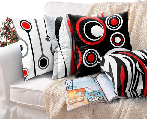 Emvency Set of 4 Throw Pillow Covers 18x18 Inches Decorative Cushion Modern Abstract Red Black White and Grey Wavy Vertical Stripes Dot Polyester Pillow Cases Square Pillocases for Bed Sofa