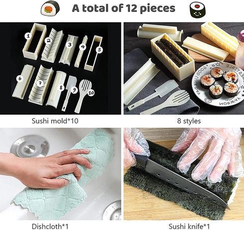 HI NINGER Sushi Making Kit Deluxe Edition Heart Sushi Mold Complete Sushi Maker Kit 12PCS Home Sushi Mold Press with 8 Sushi Rice Roll Mold Shapes 1 Fork 1 Spatula 1 Sushi Knife DIY Home Sushi Tool