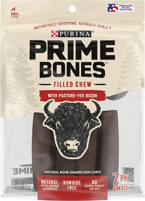 Purina Prime Bones Made in USA Facilities Natural Small Dog Treats, Filled Chew With Pasture-Fed Bison - 7 ct. Pouch