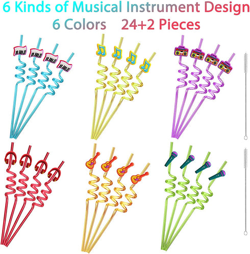 24 Music Drinking Straws for Kids Tik Tok Rockstar Rock N Roll Birthday Party Supplies Favors with 2 PCS Cleaning Brushes