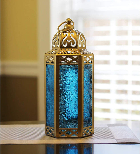 Vela Lanterns Gold Moroccan Decorative Candle Lantern Holder, Blue Glass, Medium