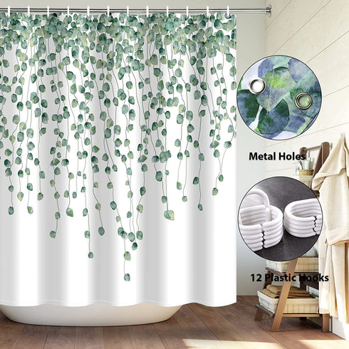 Maccyafst Eucalyptus Shower Curtain Green Leaves Shower Curtain Watercolor Leaf Shower Curtain Fabric Floral Shower Curtain Waterproof Plants Bathroom Curtains with Hooks