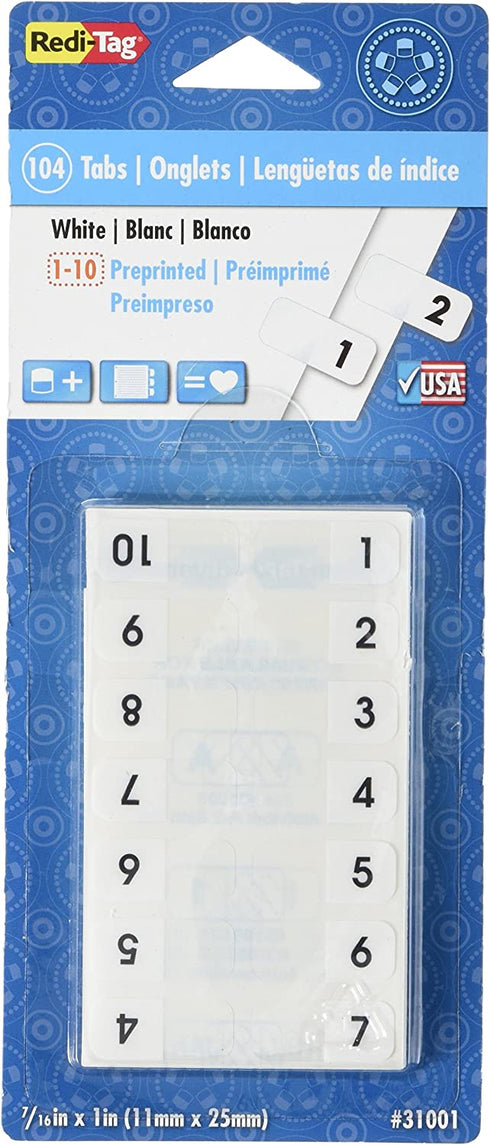 Redi-Tag Pre-Printed 1-10 Index Tabs, Permanent Adhesive, 7/16" x 1", 104 Tabs Per Pack, White with Black Print, 1-Pack (31001)