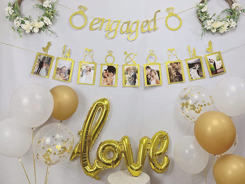 Engagement Wedding Decorations,Gold Engaged Banner, Photo Banner and Set of 12+5 distinctive Balloons for Engagement/Wedding/Anniversary/Valentines Day Party