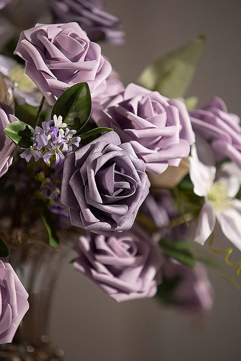 TINGE TIME Artificial Flowers for Decoration Rose 25pcs African Violet Purple Fake Roses with Stem for DIY Wedding Bouquets Centerpieces Bridal Shower Party Home Decorations
