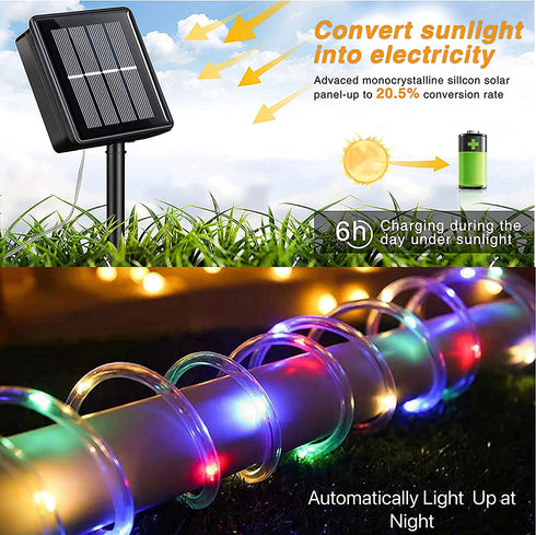 YEGUO Solar Rope Lights Outdoor Waterproof LED, 2 Pack Each 33ft 100 LED Rope Lights Outdoor, PVC Tube Multicolor Fairy String Trampoline Lights for Pool Balcony Tree Garden Yard Fence Party Walkway