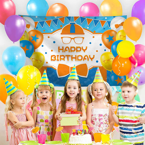 Allenjoy 68" x 45" Construction Happy Birthday Themed Backdrop for Kids Party Decors Props Blue Cartoon Fire Truck Digger Background Supplies Banners Baby Boy Cake Smash Pictures Shoot Favors