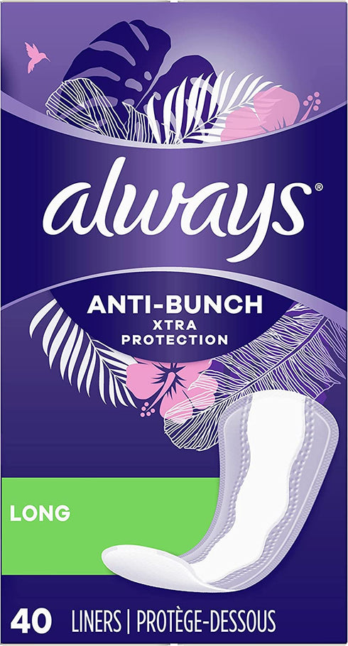 Always Anti-Bunch Xtra Protection, Panty Liners For Women, Light Absorbency, Long Length, Leakguard + Rapiddry, Unscented, 40 Count