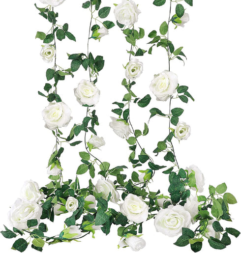 CEWOR 4pcs 26.2ft Artificial Rose Garlands Fake Silk White Rose Flowers Hanging Vines for Wedding Party Home Wall Garden Hotel Outdoor Decor