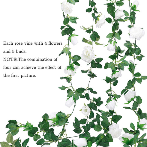 CEWOR 4pcs 26.2ft Artificial Rose Garlands Fake Silk White Rose Flowers Hanging Vines for Wedding Party Home Wall Garden Hotel Outdoor Decor