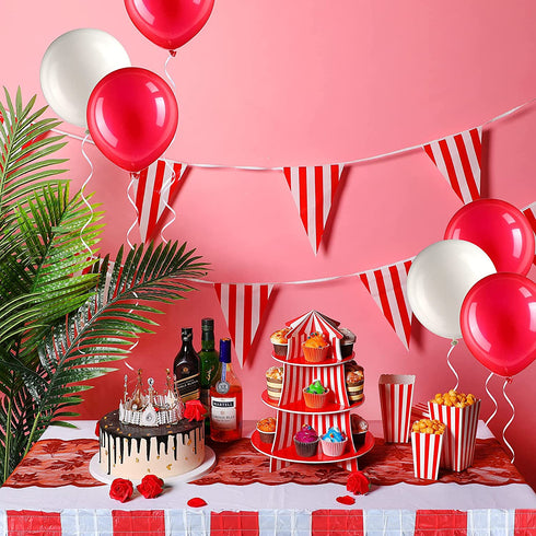 14 Pieces Carnival Red White Striped Table Skirt Carnival Tablecloth Circus Theme Table Cover 3 Tier Cupcake Foam Stand Popcorn Box for Mardi Cras Home Party Decorations Supplies