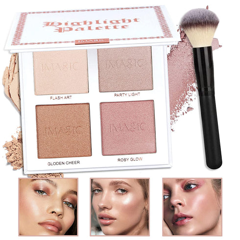 CCbeauty 4 Color Highlighter Makeup Palette with Powder Brush Shimmer Bronzers Contour Shadow Illuminating Highlight Blush Palette Cheek Cosmetic Kit,Pearl,Valentine's Day Gift Sets for Her, Girls Women