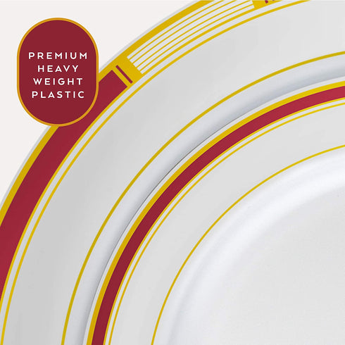 Laura Stein Designer Dinnerware Set | 32 Disposable Plastic Party Plates | Plates with Burgandy Rim & Gold Accents | Includes 16 x 10.75" Dinner Plates + 16 x 7.5? Salad Plates | Venetian