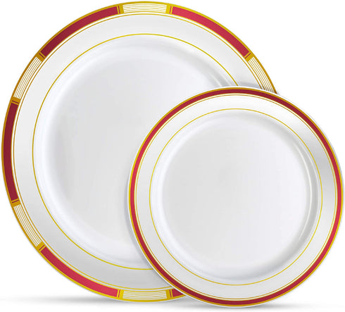 Laura Stein Designer Dinnerware Set | 32 Disposable Plastic Party Plates | Plates with Burgandy Rim & Gold Accents | Includes 16 x 10.75" Dinner Plates + 16 x 7.5? Salad Plates | Venetian