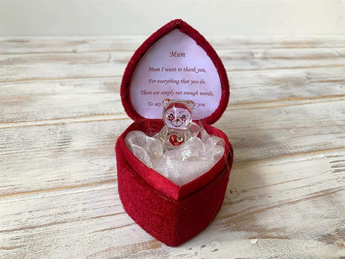 Glass Bear in Love Heart Shaped Box for a Much Loved Mum Thank You Mum