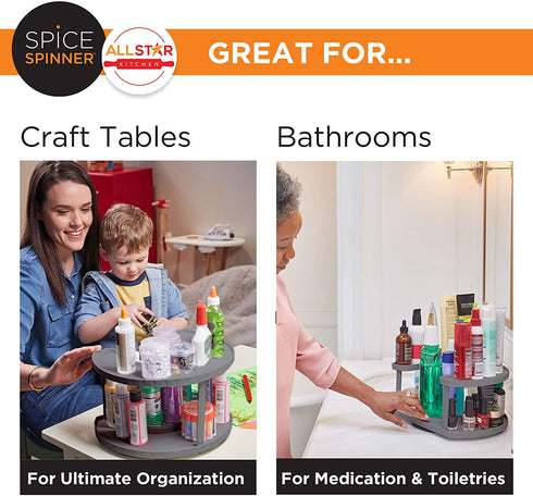 Spice Spinner Two-Tiered Spice Organizer & Holder That Saves Space, Keeps Everything Neat, Organized & Within Reach With Dual Spin Turntables- Grey